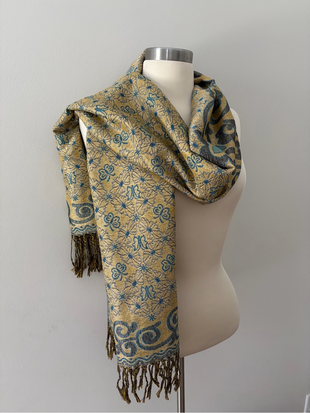 Pashmina Teal Gold Floral Butterfly Jacquard Fringe Scarf 68X27 - Picture 3 of 10